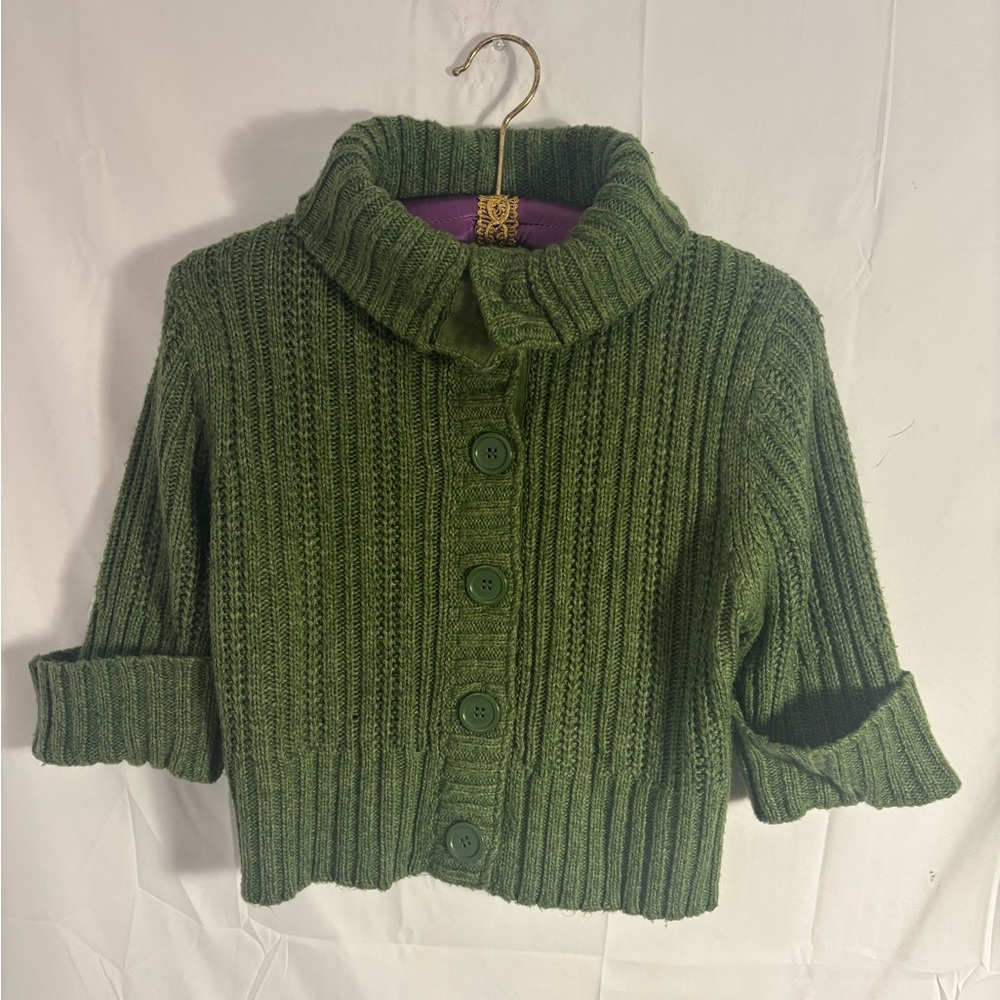 Y2K Chunky Green Cable Knit Collared Crop 3/4 Sleeve Sweater Size L - Picture 2 of 16